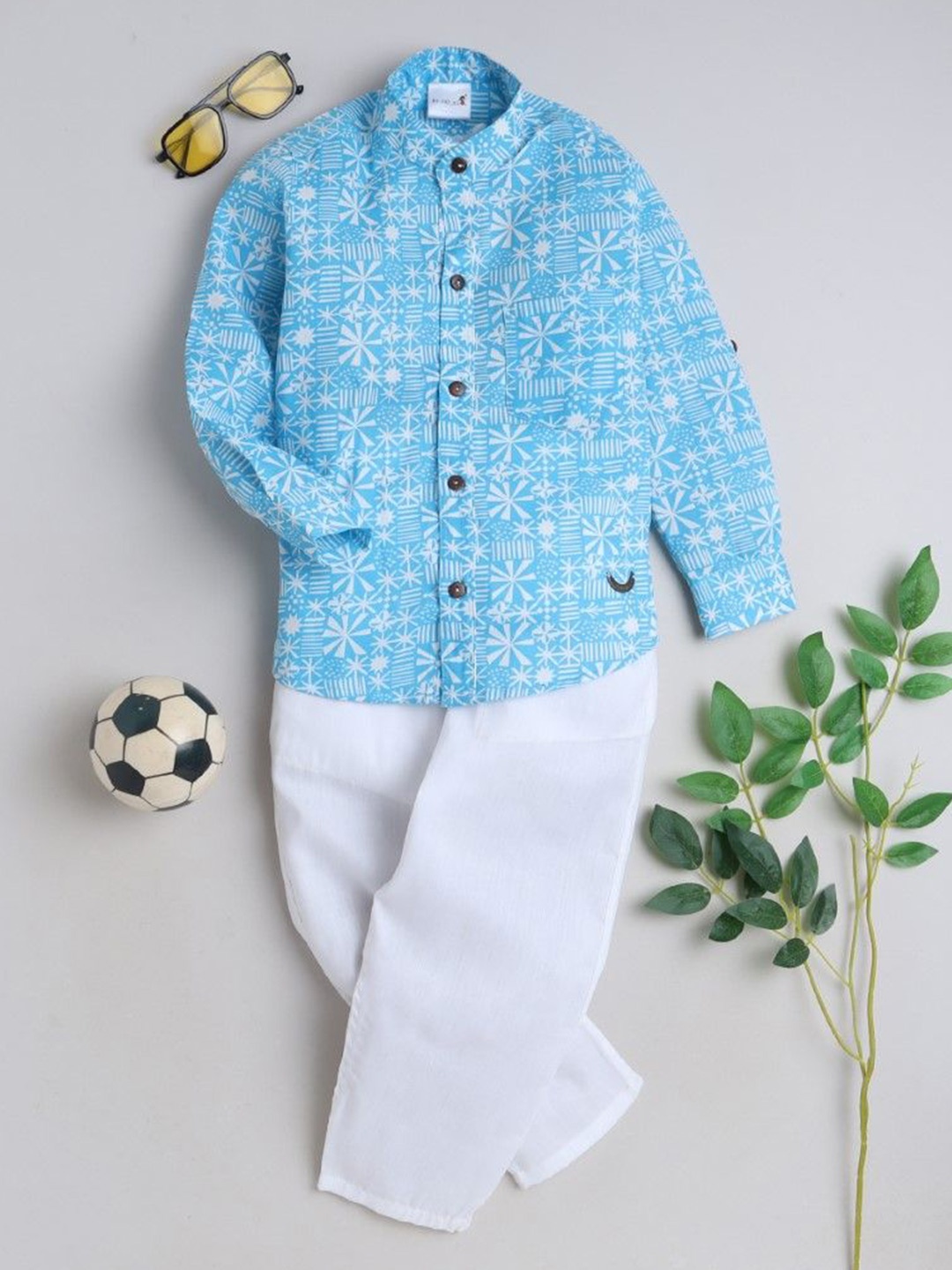 

BAATCHEET Boys Printed Mandarin Collar Pure Cotton Shirt with Trousers, Blue