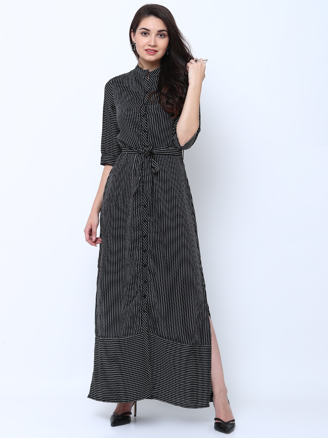 

Tokyo Talkies Women Black & White Striped Maxi Dress
