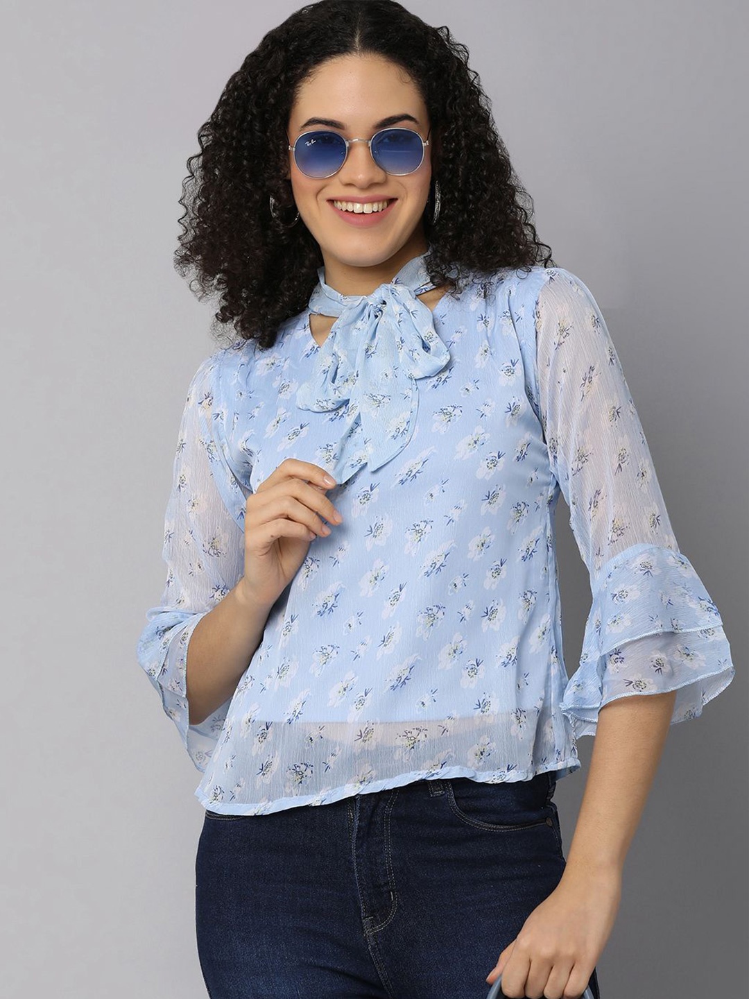 

UNLIMITED Floral Print Tie-Up Neck Bell Sleeve Cotton Top, Blue