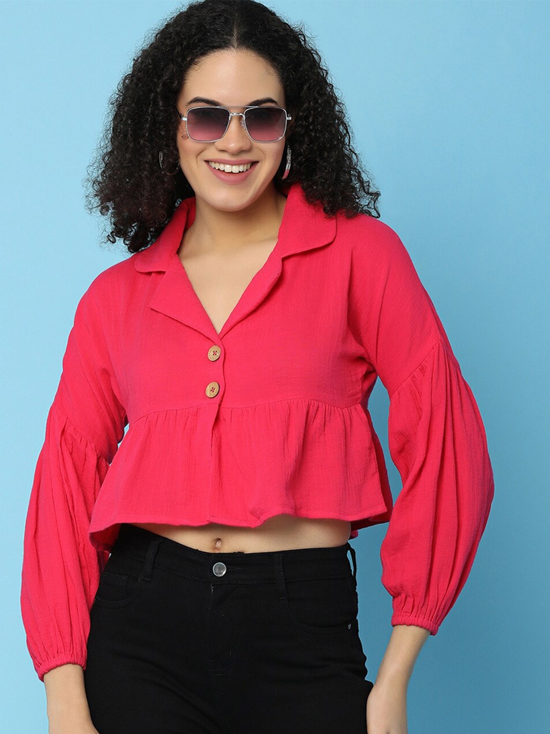 

UNLIMITED Women Bishop Sleeves Cotton Shirt Style Crop Top, Fuchsia