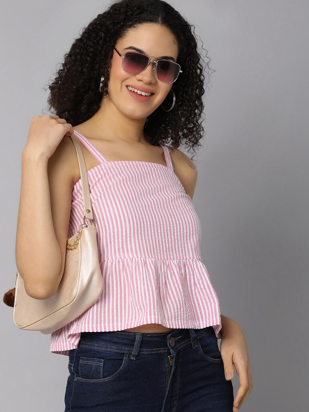 

UNLIMITED Women Striped Cotton Peplum Crop Top, Pink