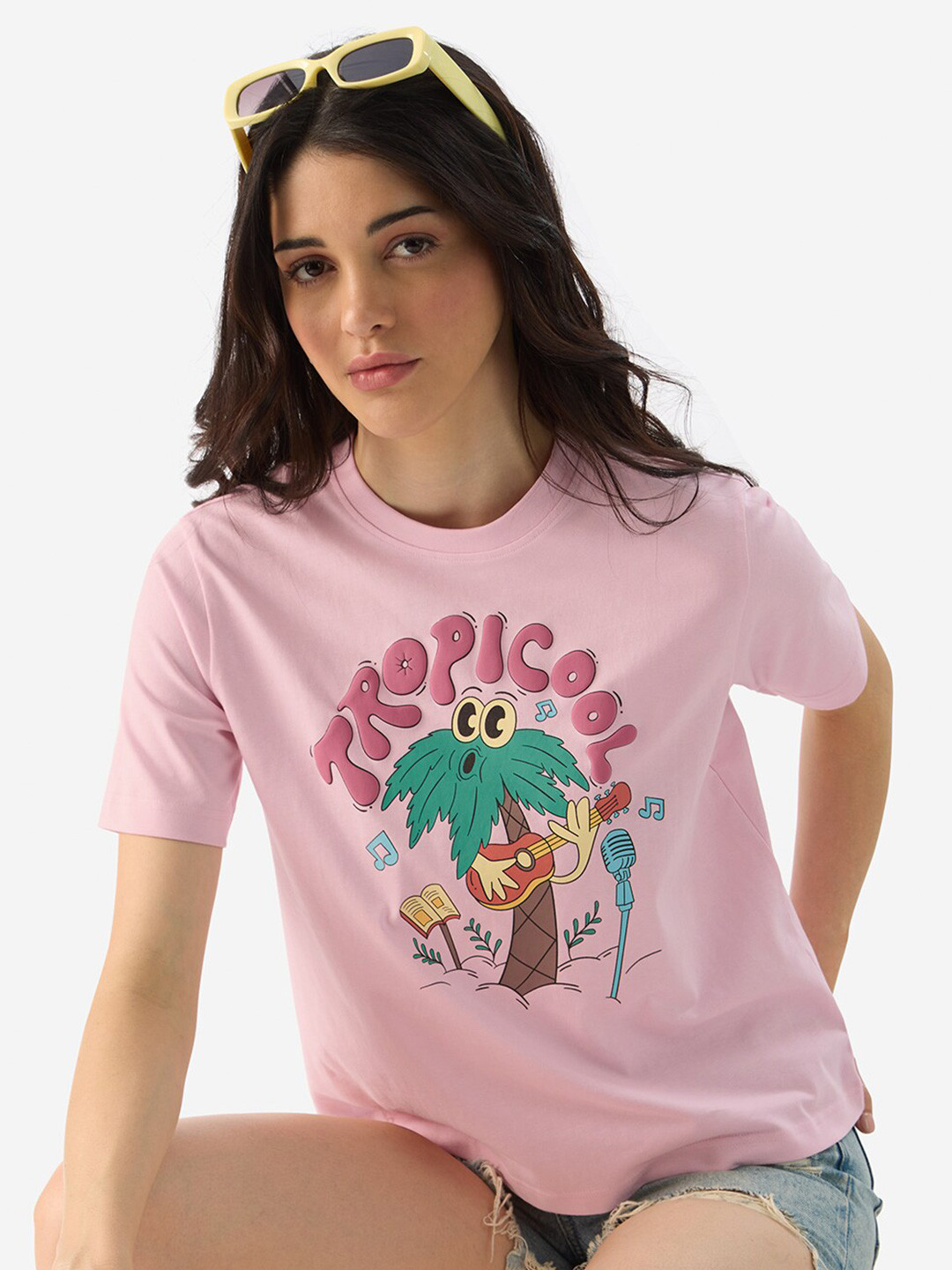 

The Souled Store Round Neck Short Sleeves Typography Printed Relaxed Fit Cotton T-shirt, Pink