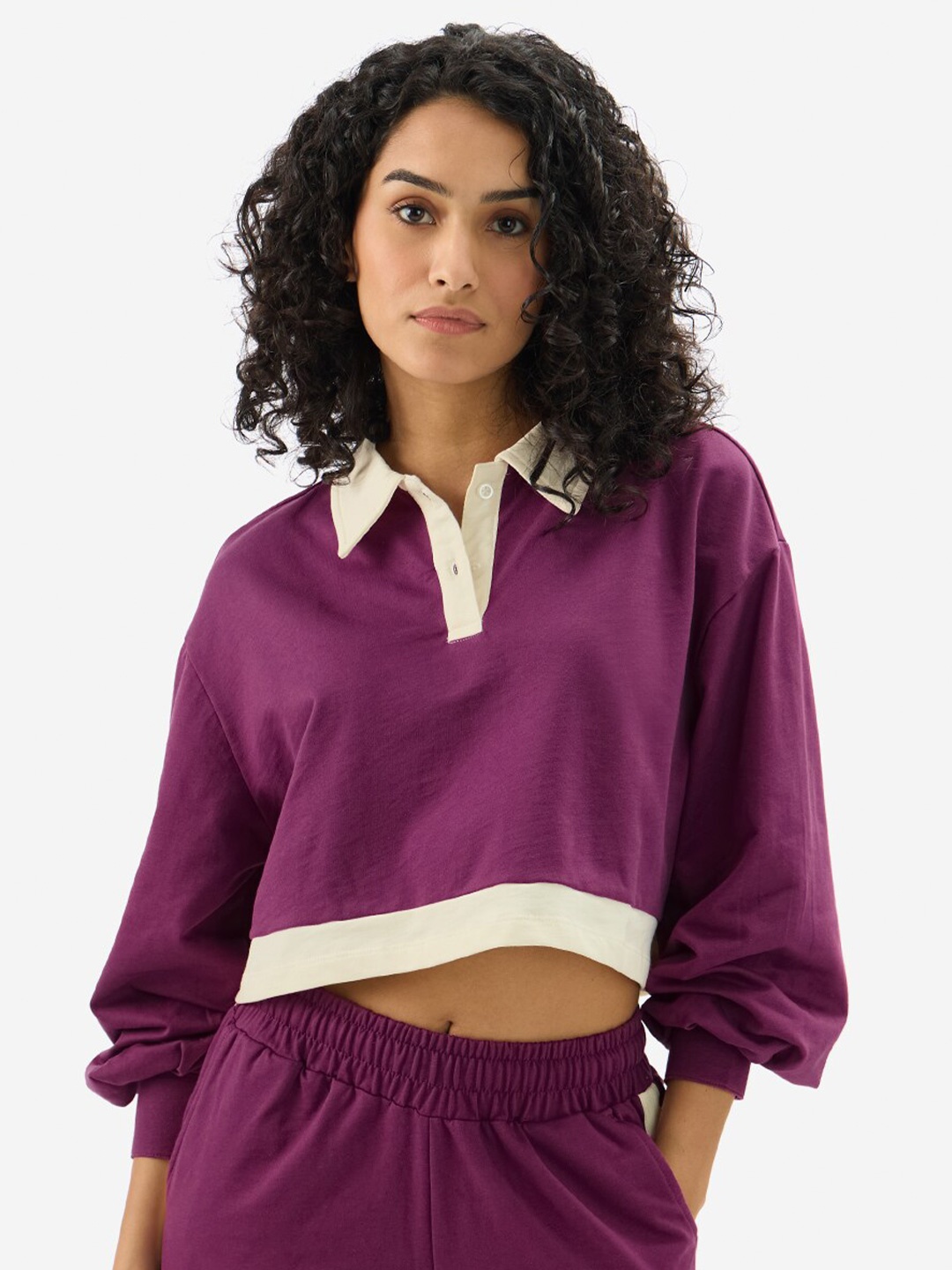 

The Souled Store Women Polo Collar Extended Sleeves T-shirt, Purple