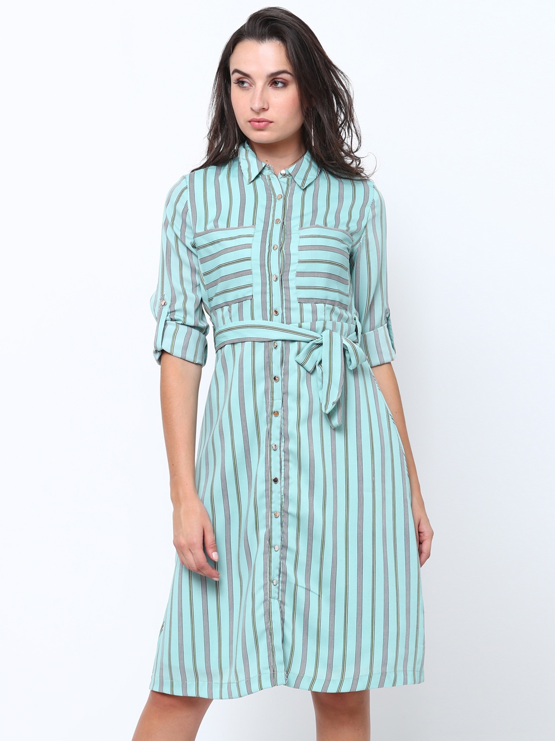 

Tokyo Talkies Women Green Striped Shirt Dress