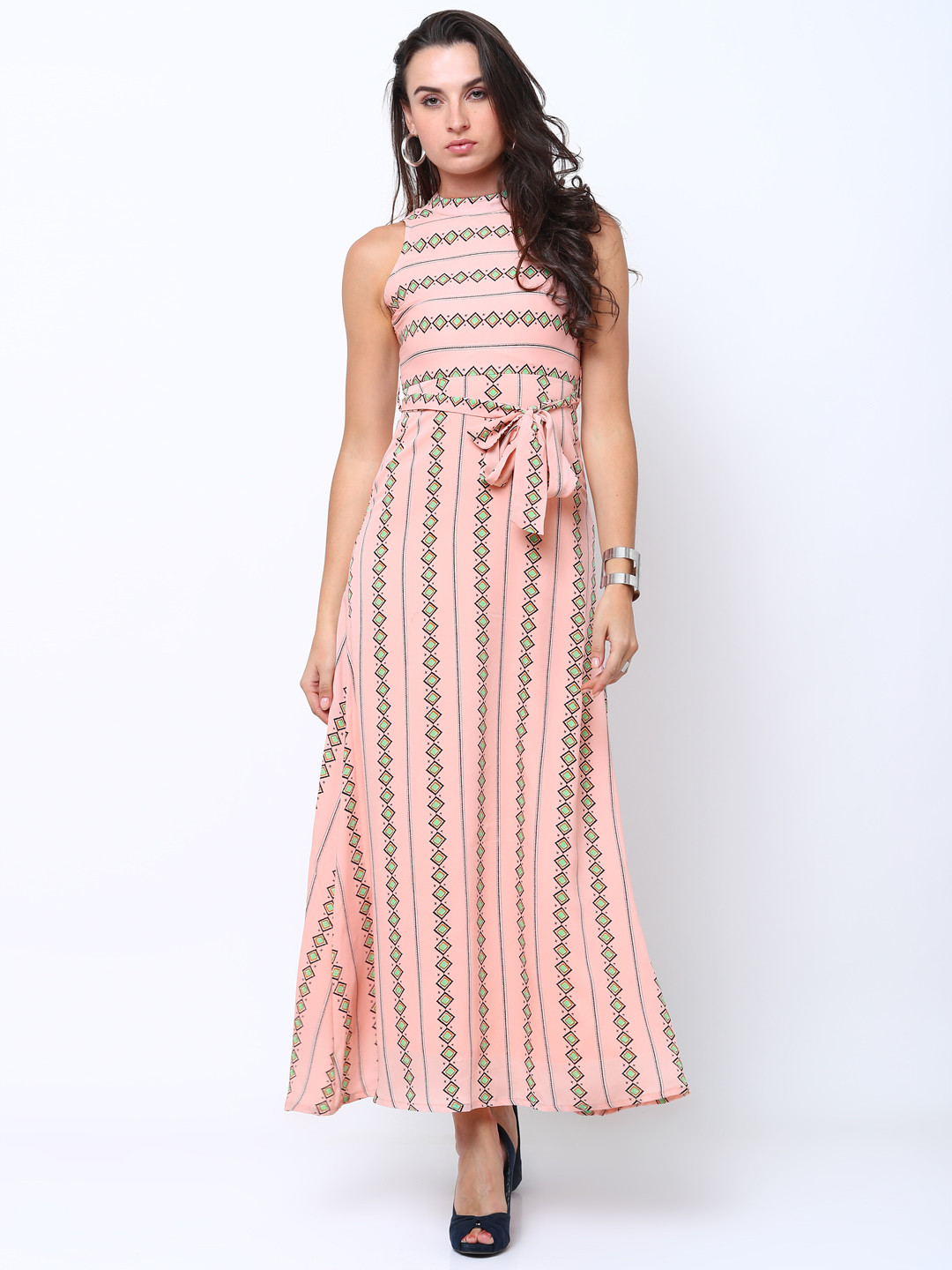 

Tokyo Talkies Women Peach & Green Printed Maxi Dress