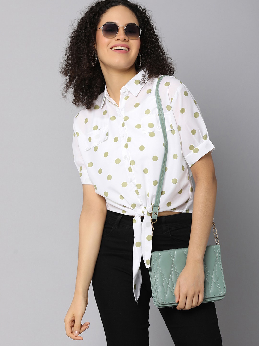 

V-Mart Women Cotton Polka Dot Printed Shirt Style Top, Green