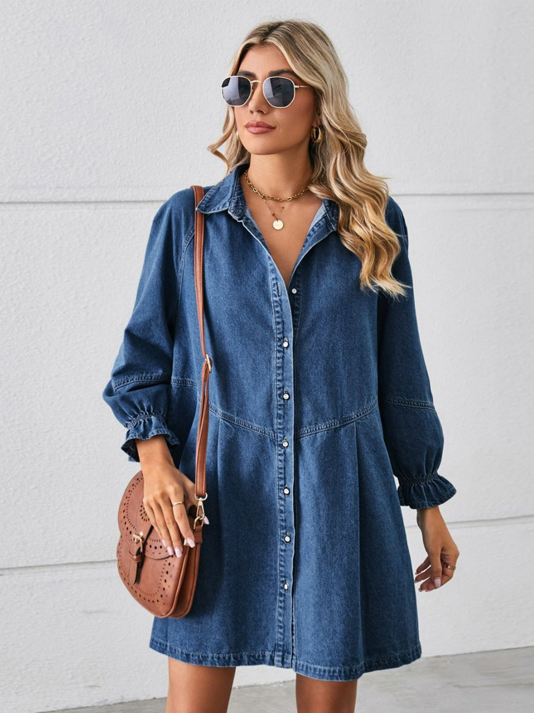 

4WRD by Dressberry Puff Sleeve Shirt Dress, Navy blue