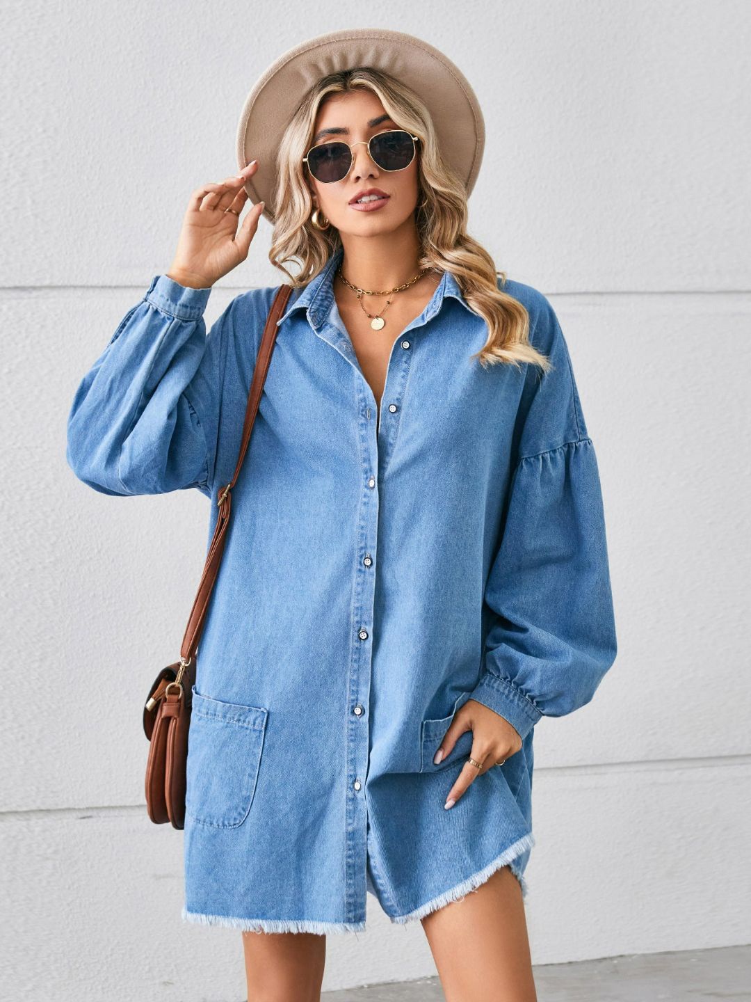 

4WRD by Dressberry Cuffed Sleeve Shirt Dress, Blue