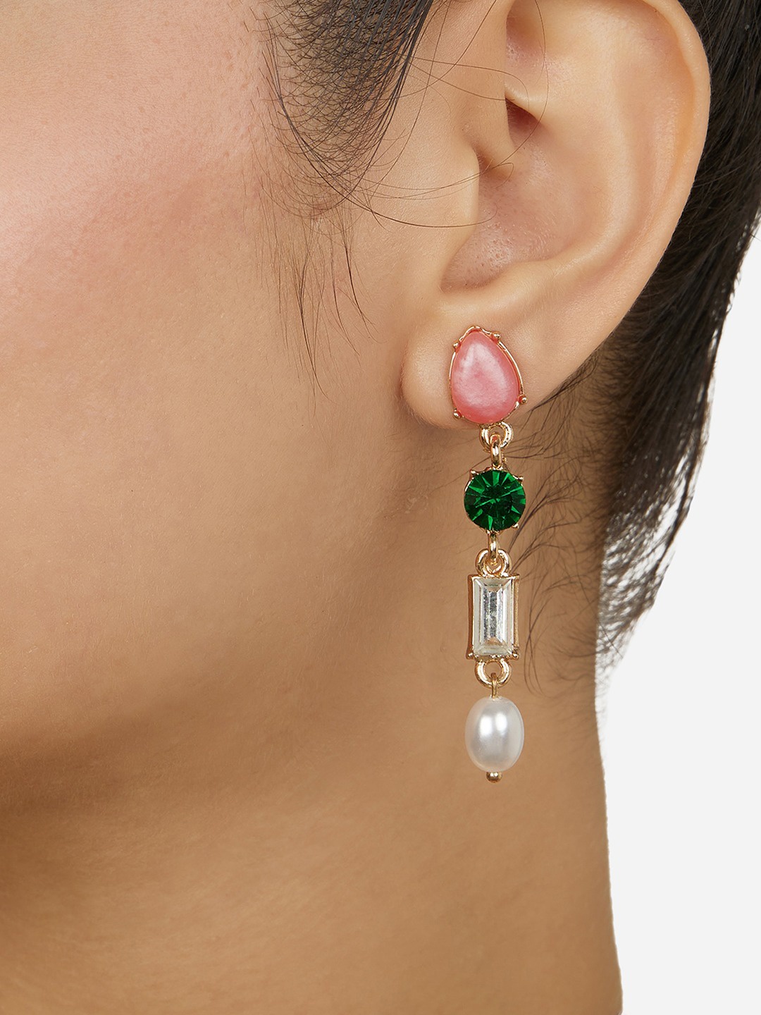 

Zaveri Pearls Gold-Plated Stones Studded & Beaded Contemporary Drop Earrings