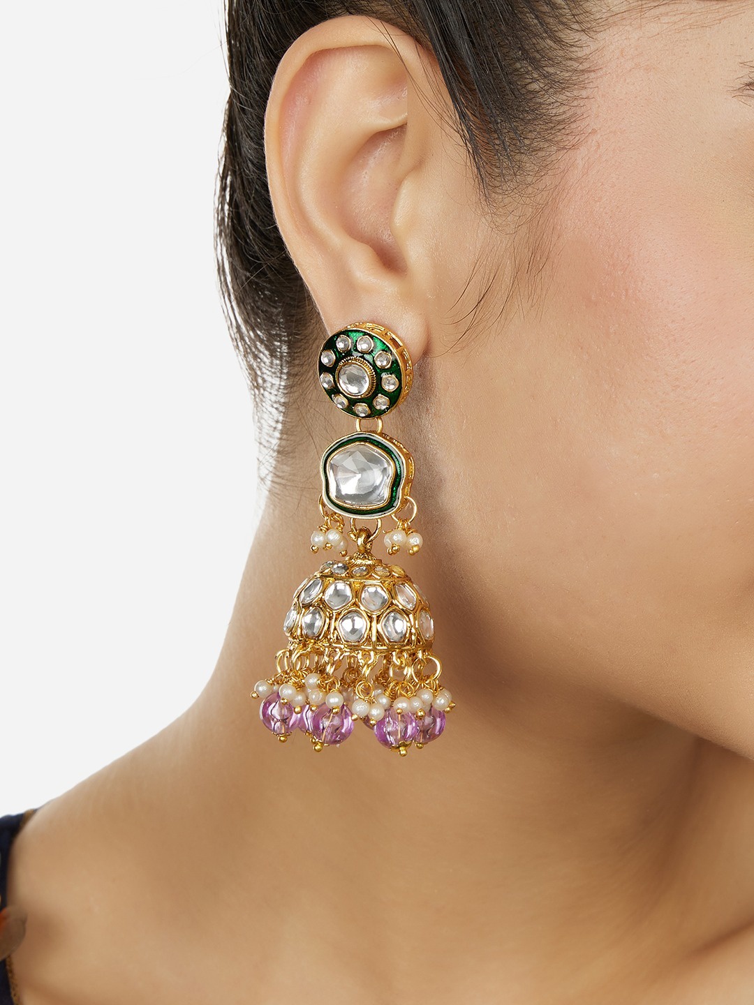 

Zaveri Pearls Gold-Plated Meenakari Dazzling Stones Studded & Beaded Dome Shaped Jhumkas