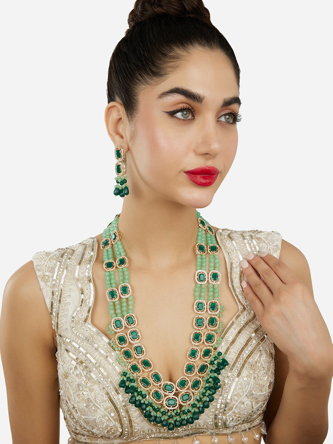 

Zaveri Pearls Gold-Plated Austrian Diamond-Studded & Beaded Multistring Jewellery Set