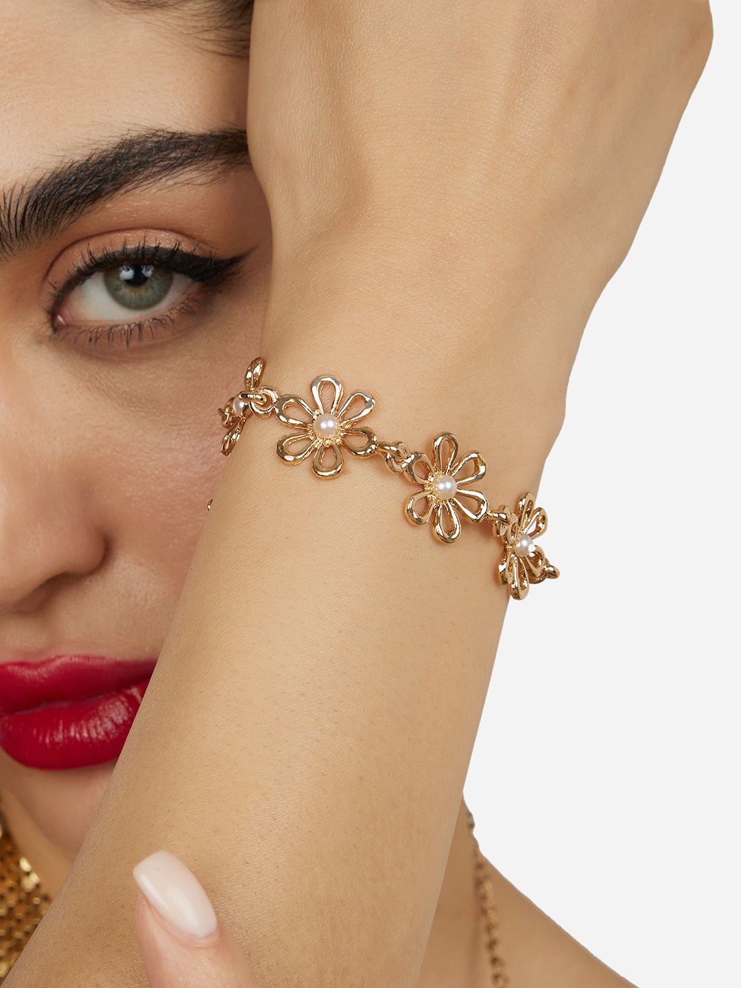 

Zaveri Pearls Gold-Plated Beaded Embellished Flowers Wraparound Bracelet