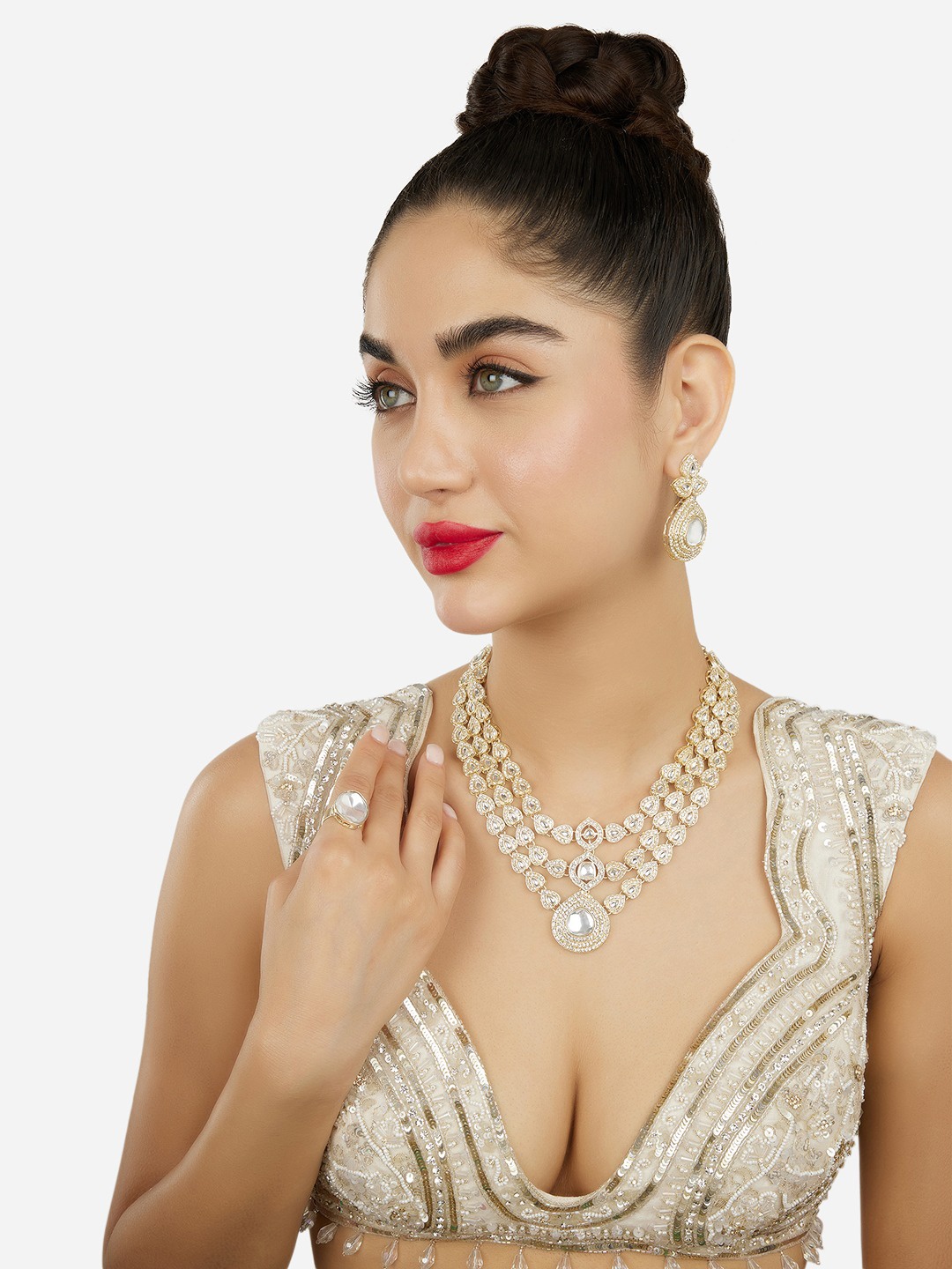 

Zaveri Pearls Gold-Plated Austrian Diamonds-Studded Layered Jewellery Set