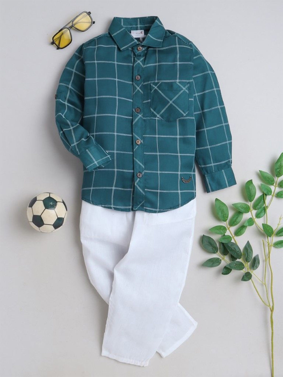 

BAATCHEET Boys Checked Shirt Collar Pure Cotton Shirt with Trousers, Teal