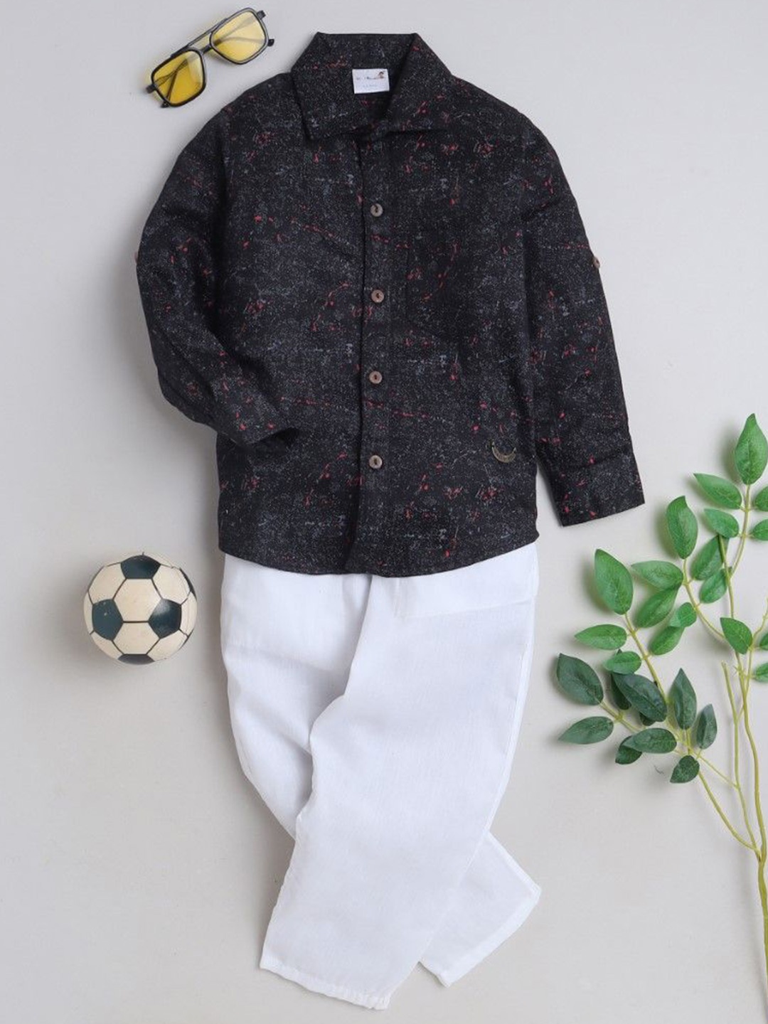 

BAATCHEET Boys Printed Shirt Collar Pure Cotton Shirt with Trousers, Black