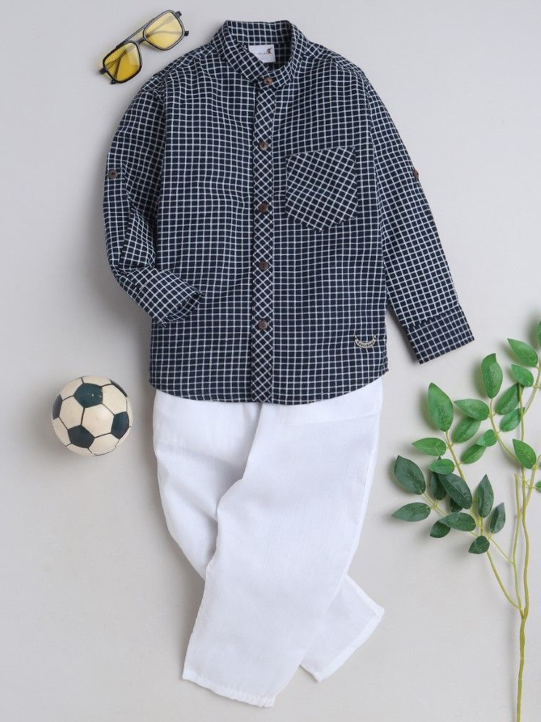 

BAATCHEET Boys Printed Shirt Collar Pure Cotton Shirt With Trousers, Navy blue