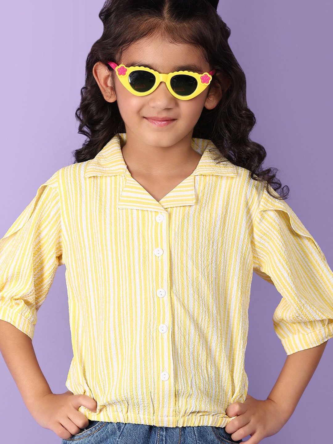 

V-Mart Girls Striped Tie-Up Sleeves Cotton Shirt Style Top, Yellow