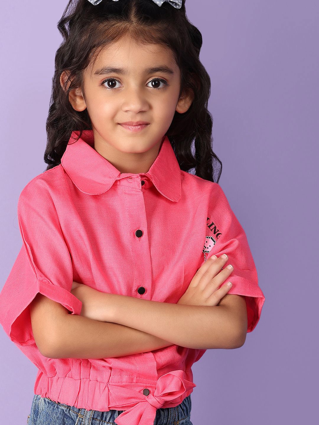 

V-Mart Girls Extended Sleeves Cotton Shirt Style Crop Top, Pink