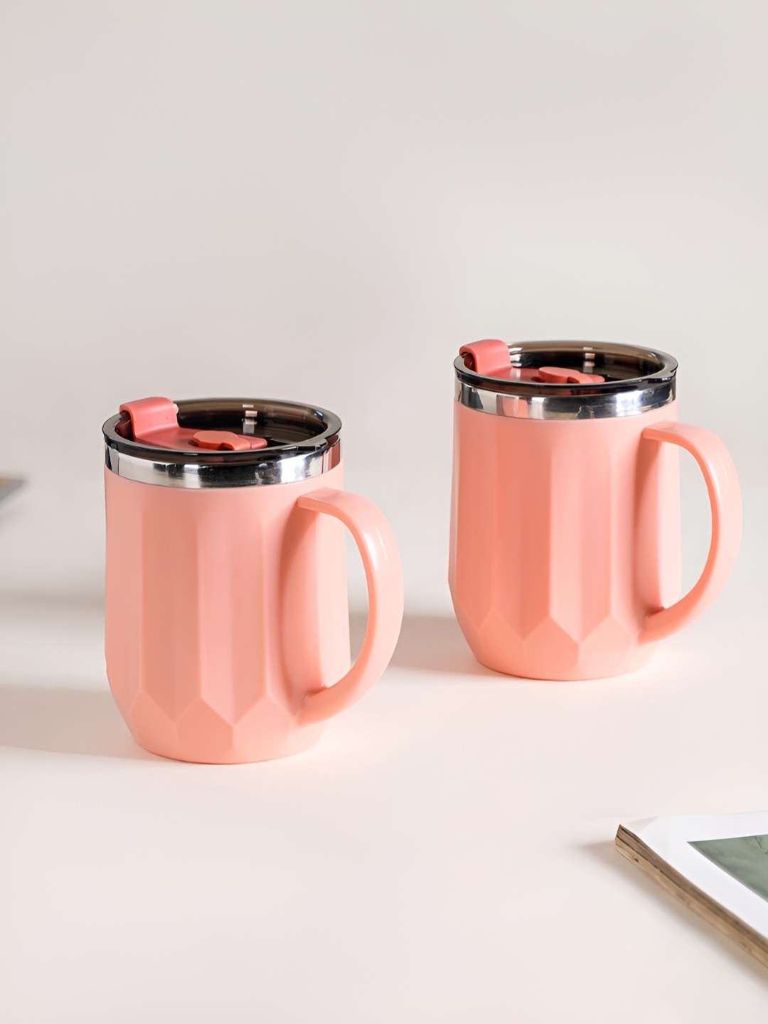 

Nestasia Pink 2 Pieces Textured Stainless Steel Matte Mugs With Lid 400 ml each