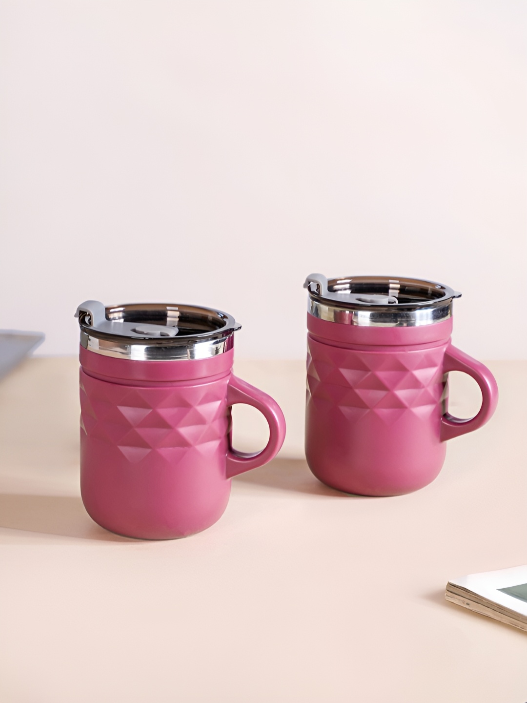 

Nestasia Magenta 2 Pieces Textured Stainless Steel Matte Mug With Lid 400 ml