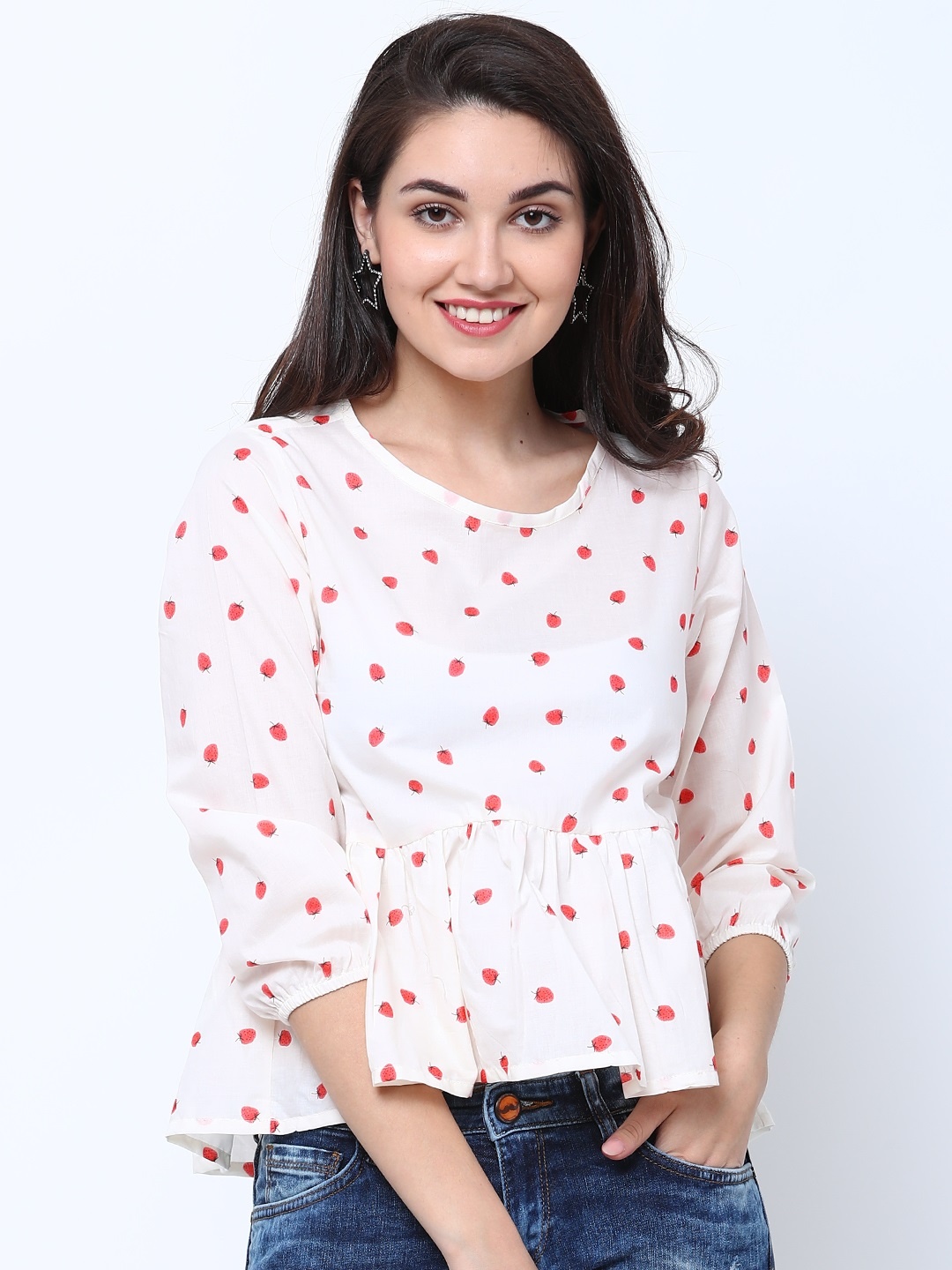 

Tokyo Talkies Women Off-White Printed Peplum Pure Cotton Top