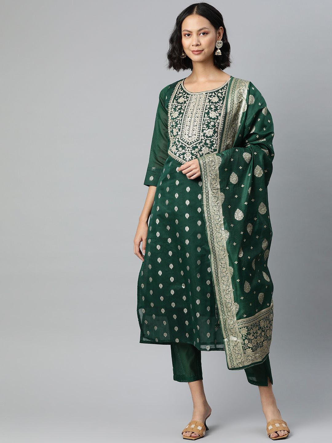

KALINI Ethnic Motifs Regular Zari Chanderi Cotton Kurta With Trouser & Dupatta, Green