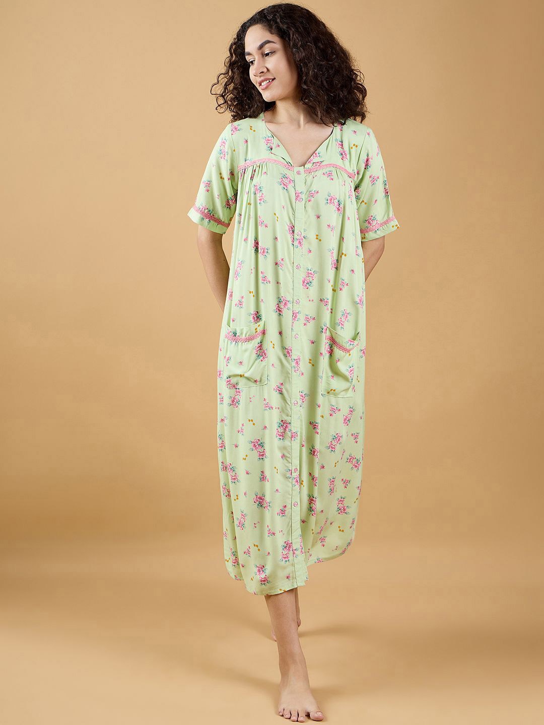 

The Kaftan Company Floral Printed Nightdress, Green