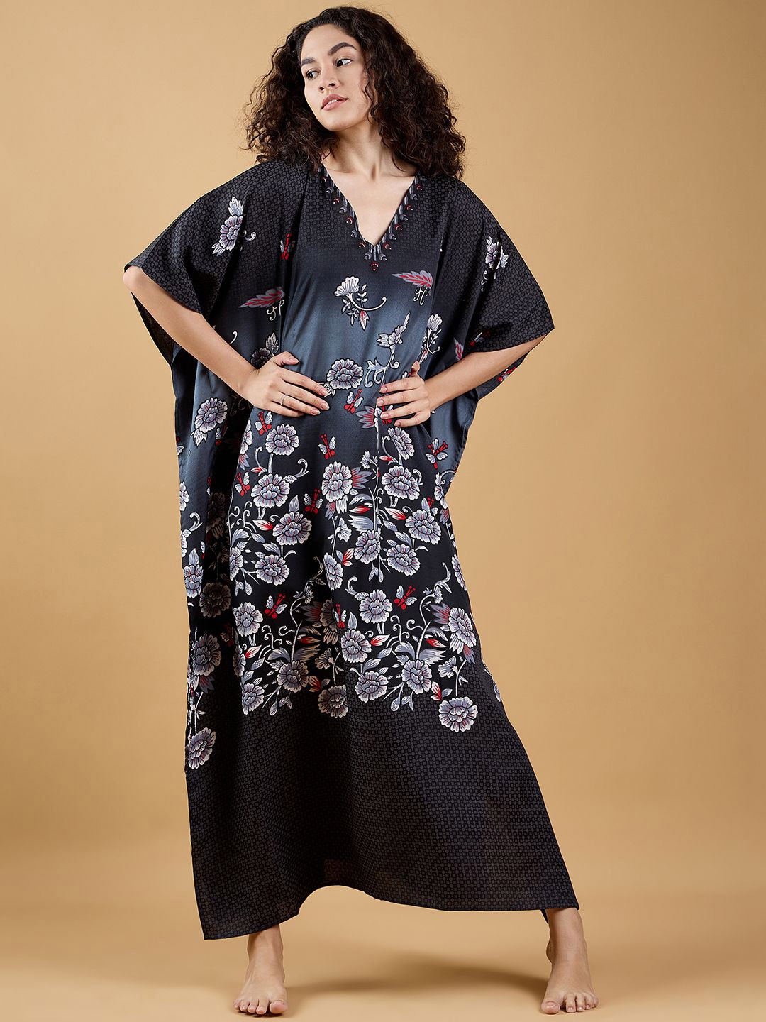 

The Kaftan Company Printed Maxi Kaftan Nightdress, Black