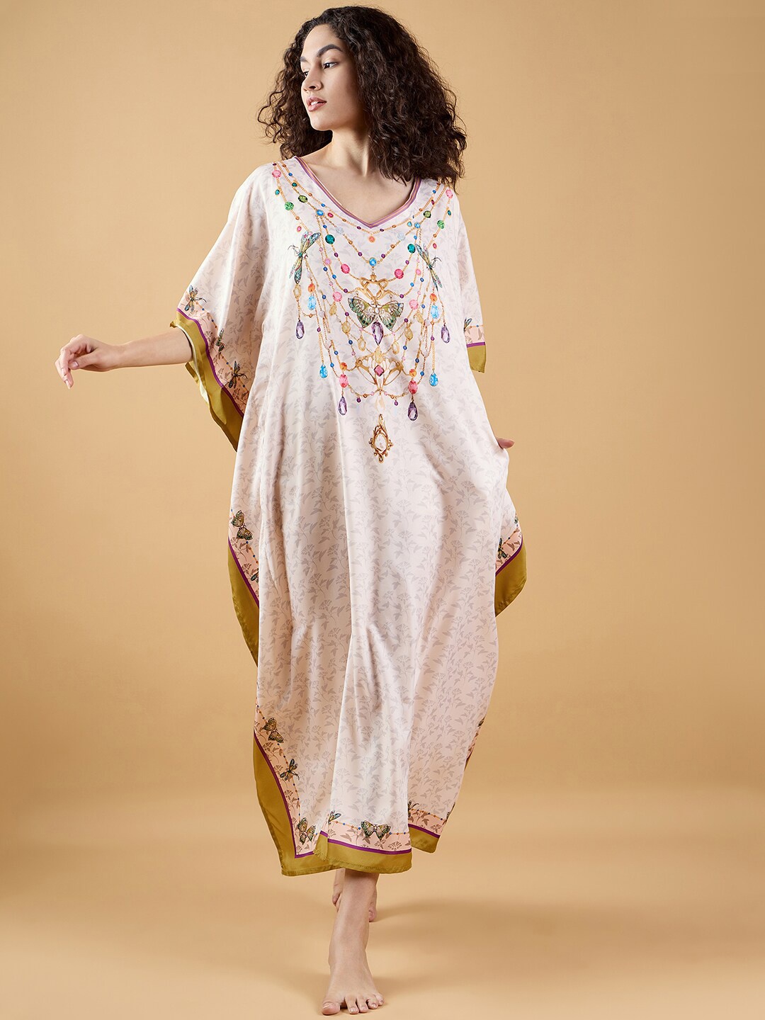 

The Kaftan Company Floral Printed V-Neck Maxi Kaftan Nightdress, White