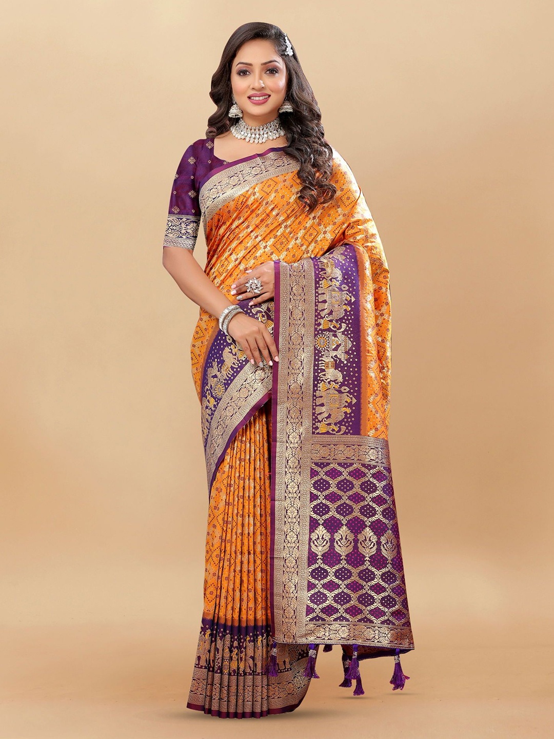 

Mitera Ethnic Motifs Zari Pure Silk Patola Saree, Orange