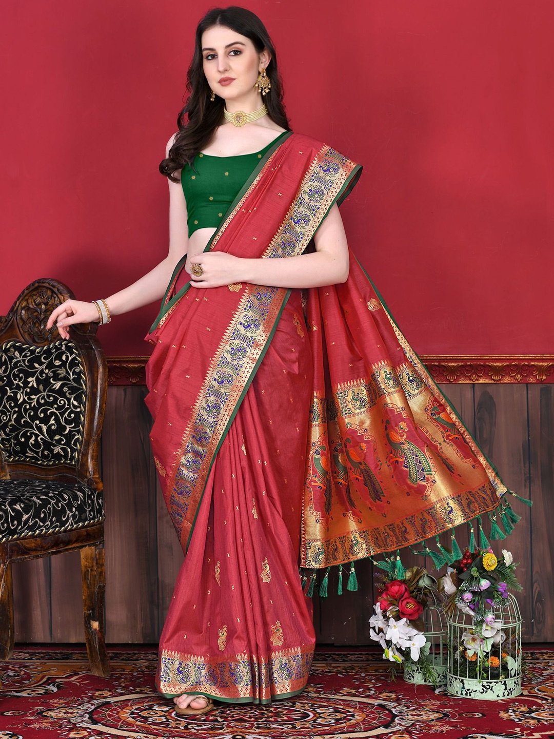 

Mitera Ethnic Motifs woven design Pure Silk Paithani Saree, Red