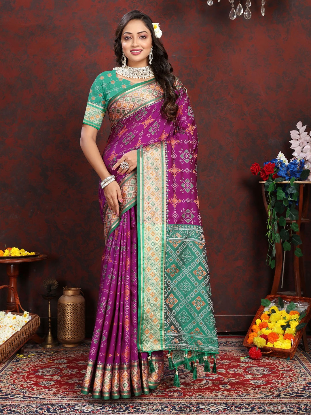 

Mitera Woven Design Zari Pure Silk Patola Saree, Purple