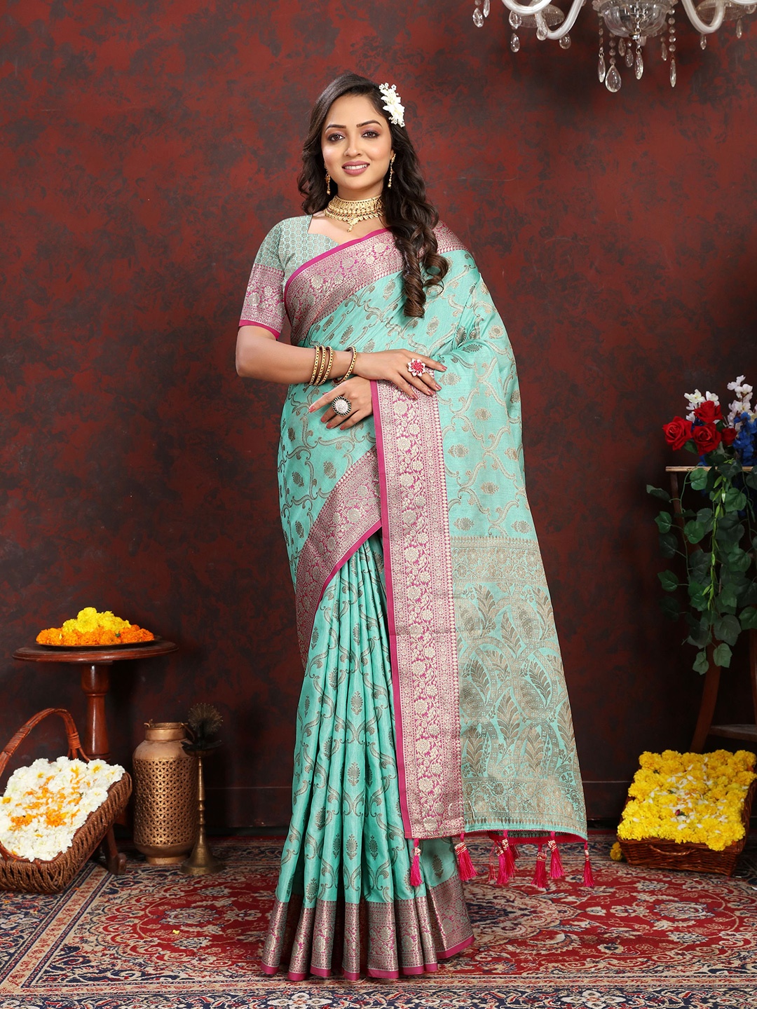 

Mitera Ethnic Motifs Zari Banarasi Saree, Blue
