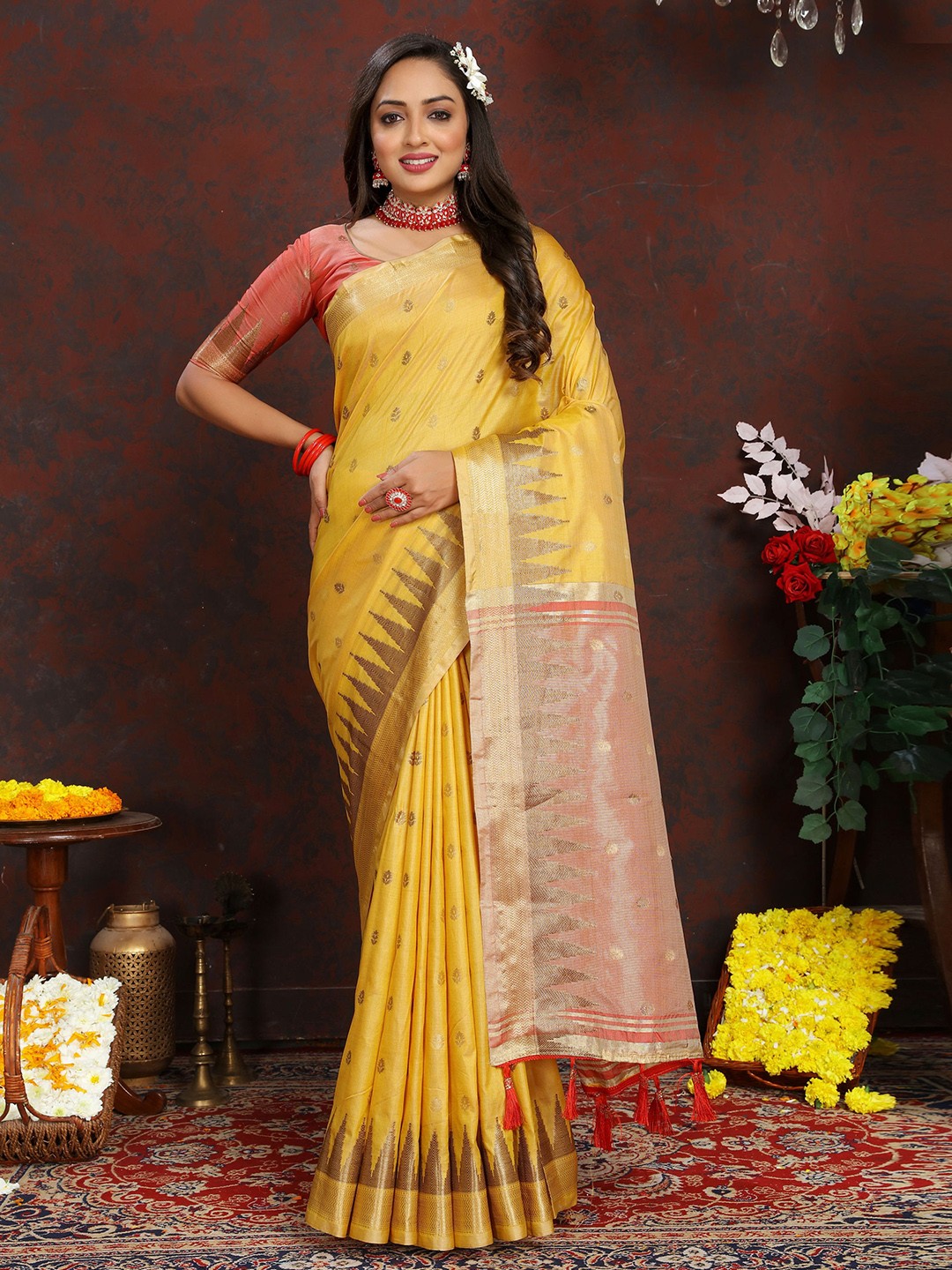 

Mitera Ethnic Motifs Zari Banarasi Saree, Yellow