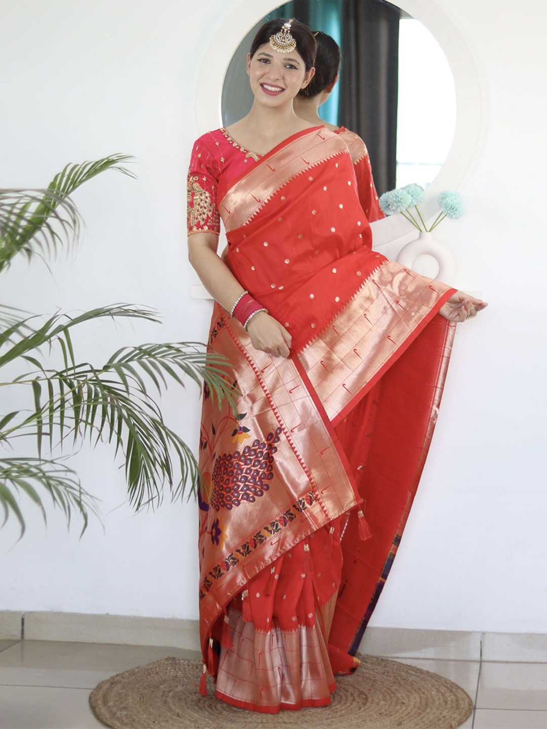 

Mitera Ethnic Motifs woven design Pure Silk Paithani Saree, Red