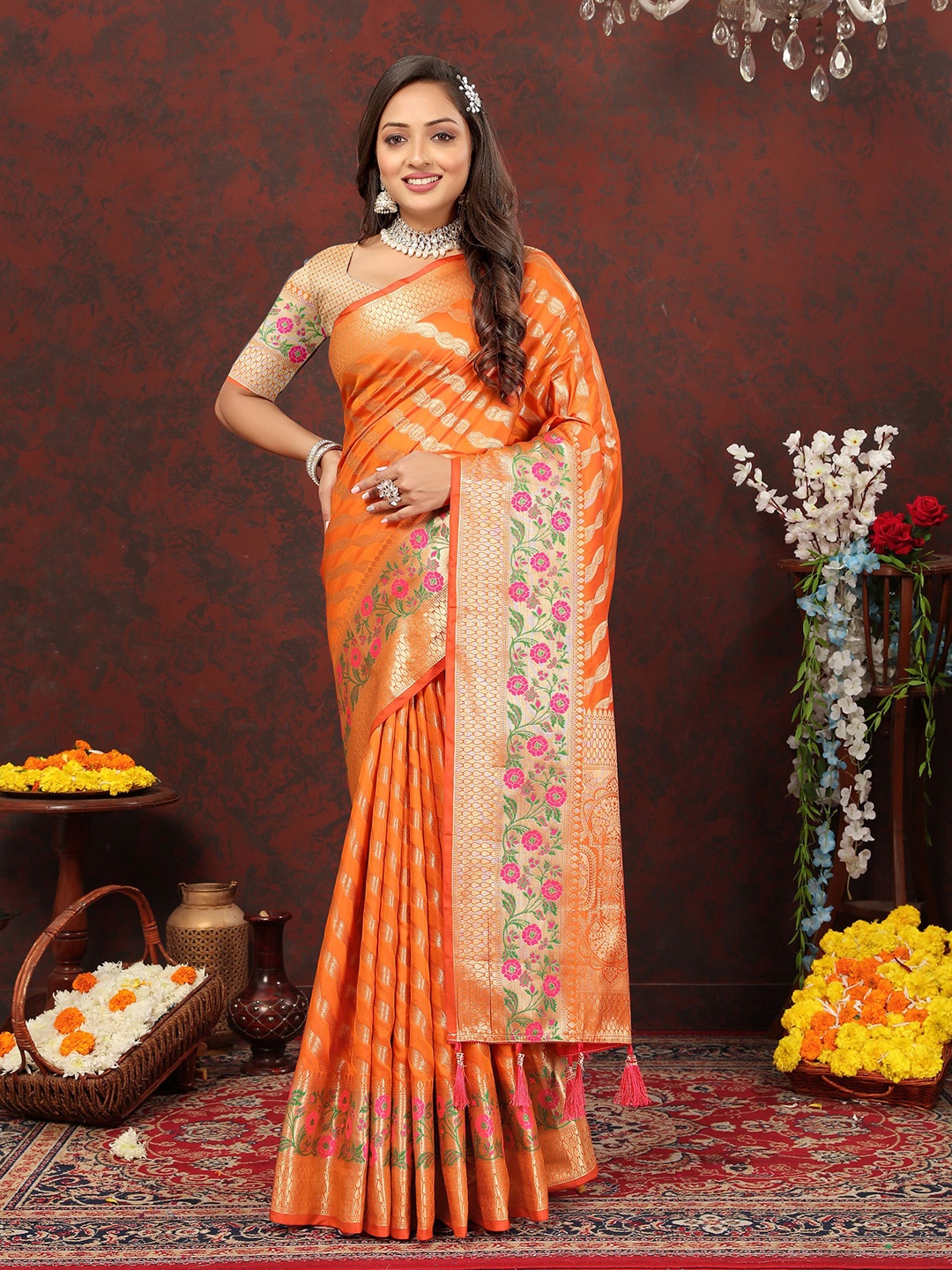 

Mitera Floral Zari Banarasi Saree, Orange