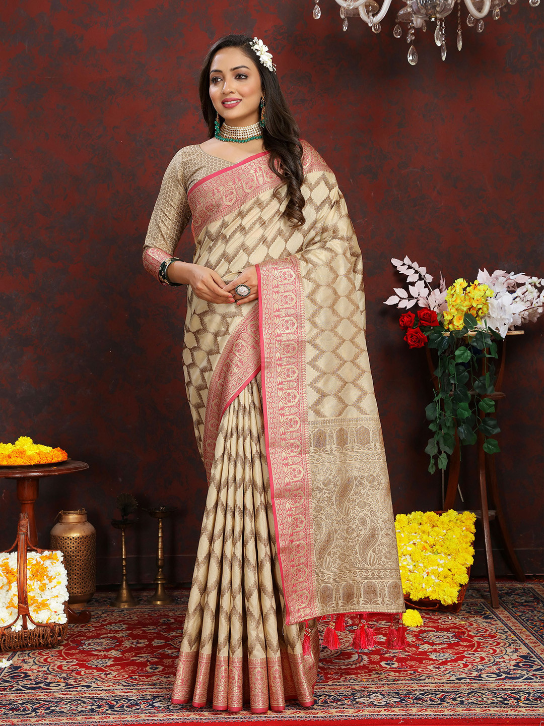 

Mitera Ethnic Motifs Zari Banarasi Saree, Cream