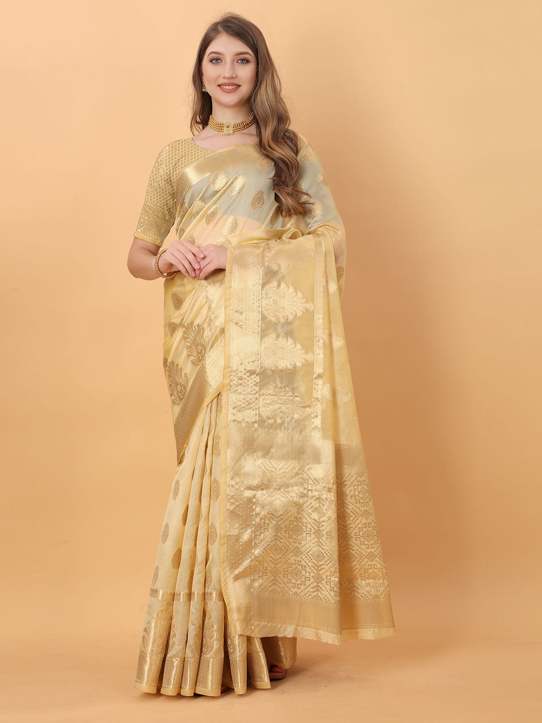 

Mitera Ethnic Motifs Zari Organza Jamdani Saree, Cream