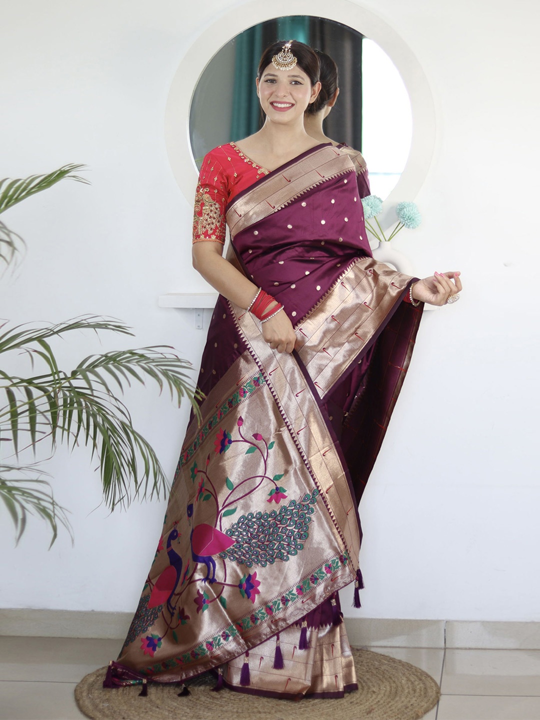 

Mitera Ethnic Motifs Zari Pure Silk Paithani Saree, Purple