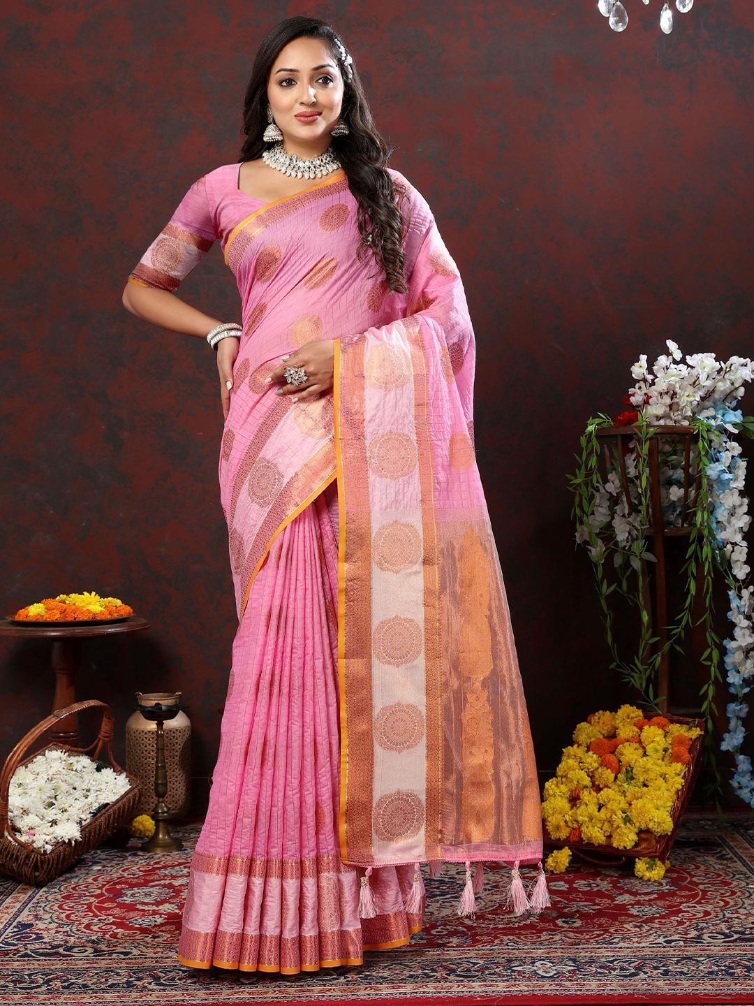 

Mitera Ethnic Motifs Zari Pure Silk Jamdani Saree, Pink