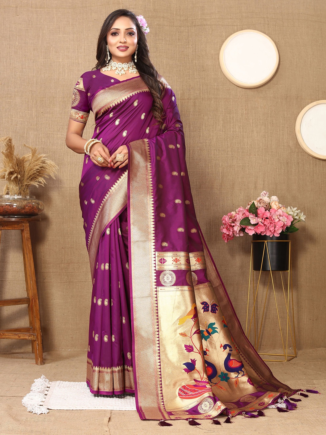 

Mitera Ethnic Motifs Zari Pure Silk Paithani Saree, Purple