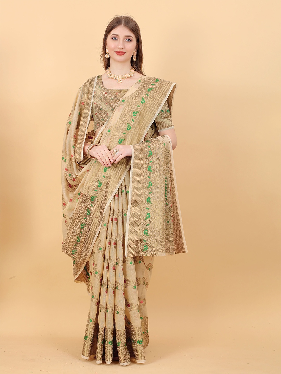 

Mitera Ethnic Motifs Zari Pure Linen Jamdani Saree, Brown
