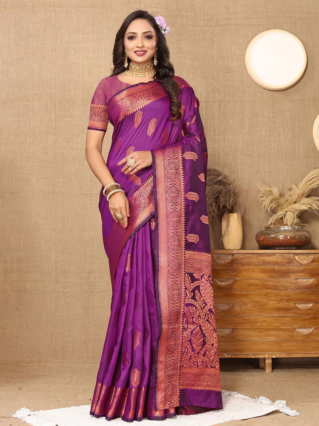 

Mitera Ethnic Motifs Zari Banarasi Saree, Purple