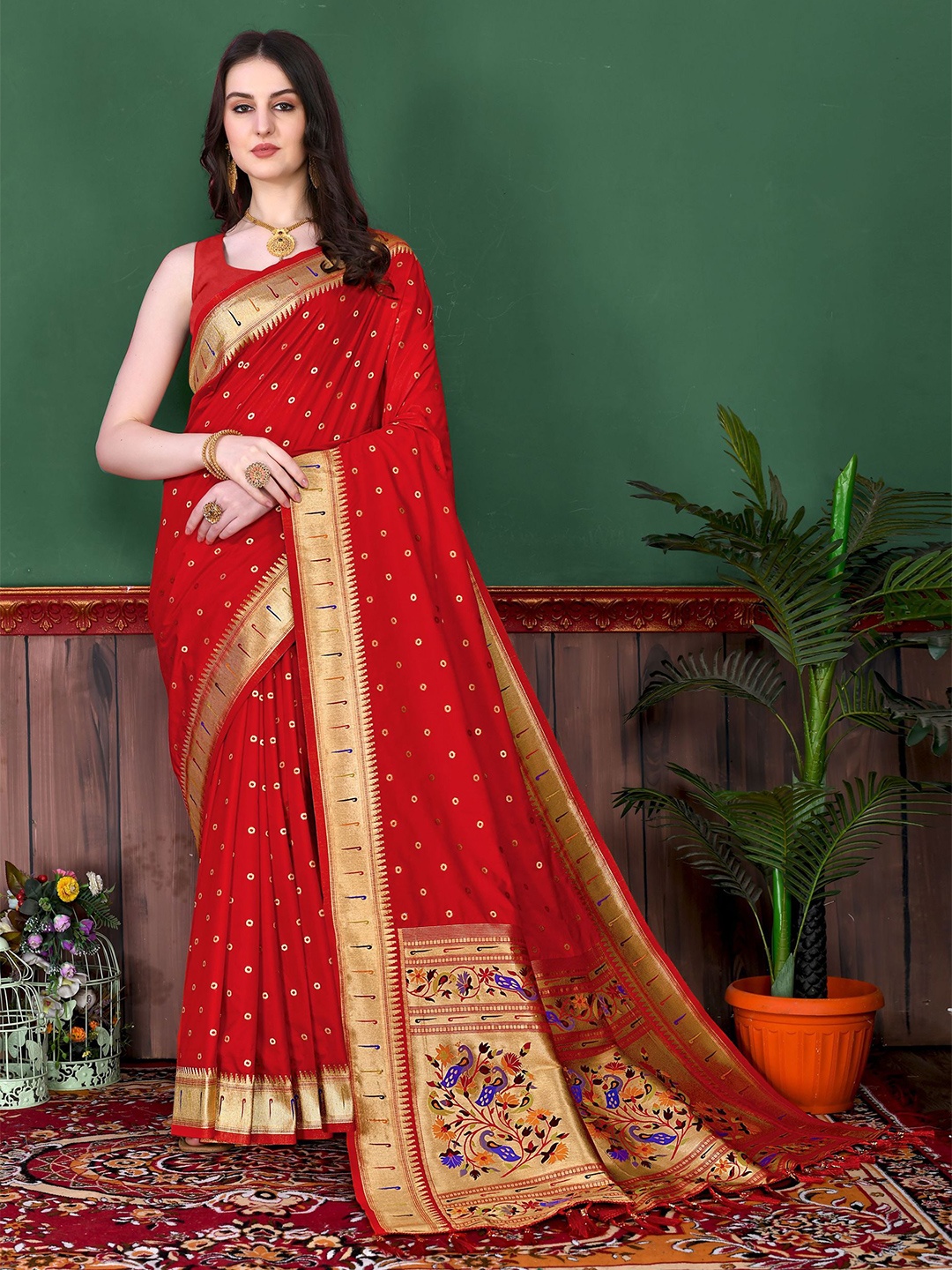 

Mitera Ethnic Motifs Zari Pure Silk Paithani Saree, Red