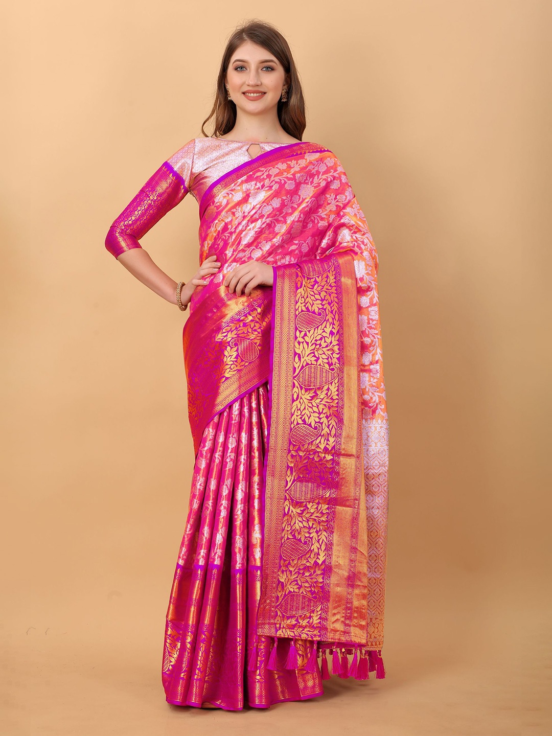 

Mitera Ethnic Motifs Zari Pure Silk Banarasi Saree, Pink