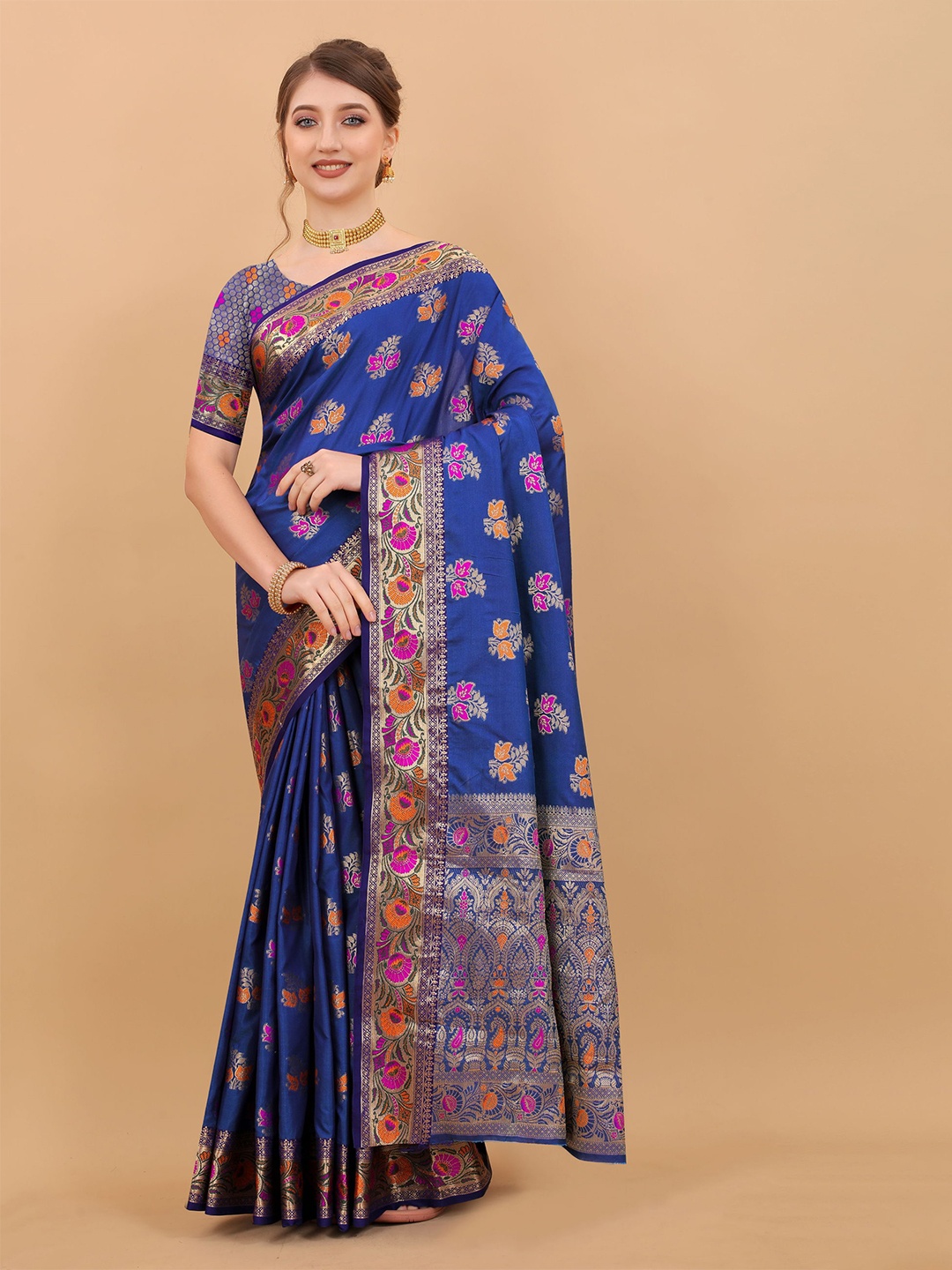 

Mitera Ethnic Motifs Zari Pure Silk Banarasi Saree, Navy blue