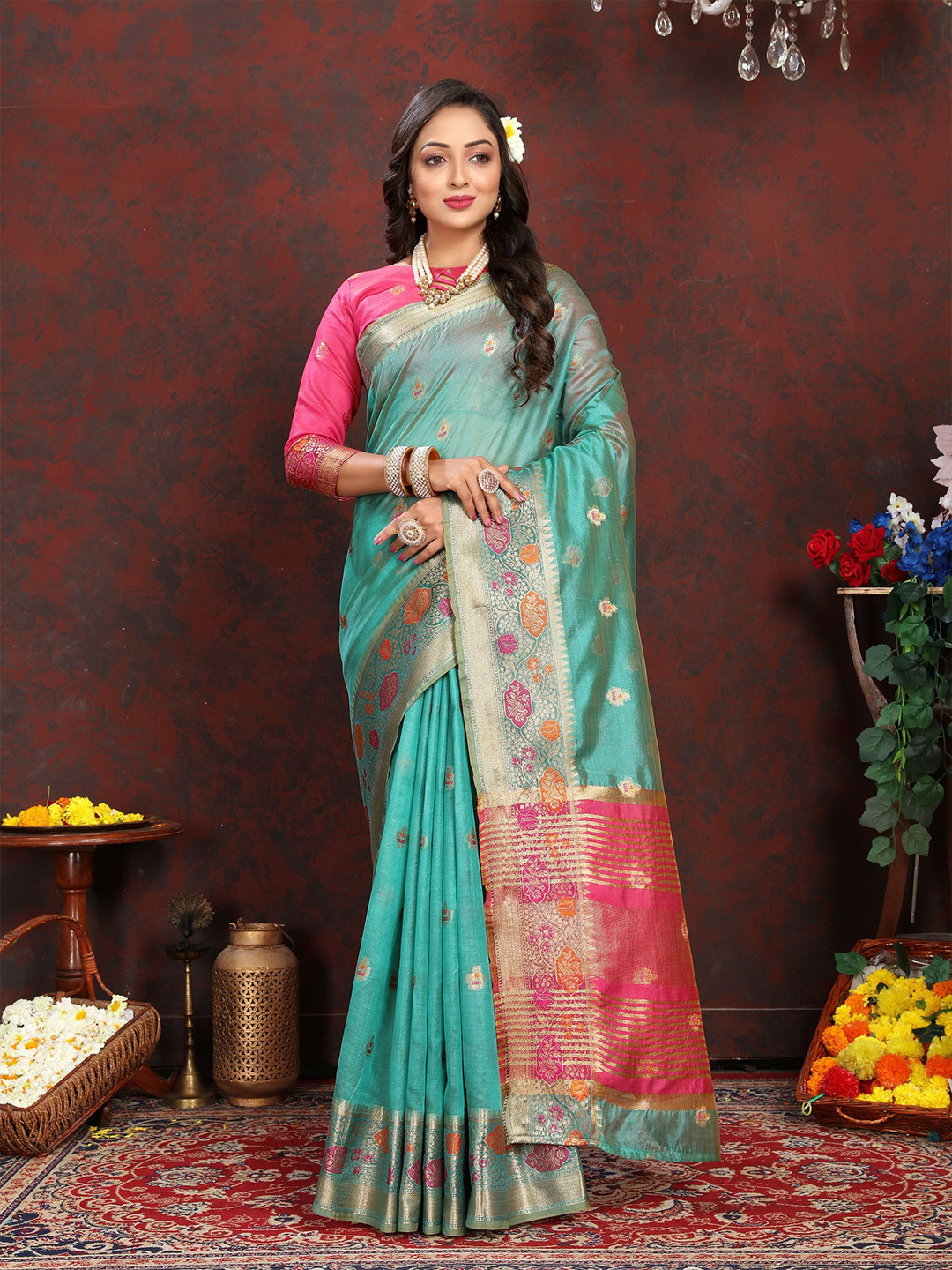 

Mitera Ethnic Motifs Zari Organza Banarasi Saree, Blue