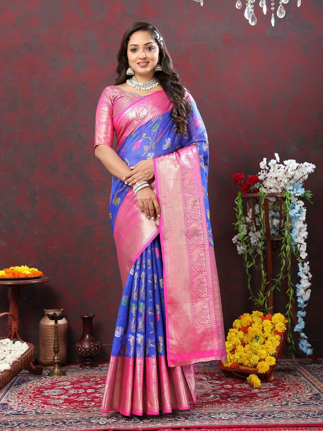 

Mitera Ethnic Motifs Zari Pure Cotton Kota Saree, Blue