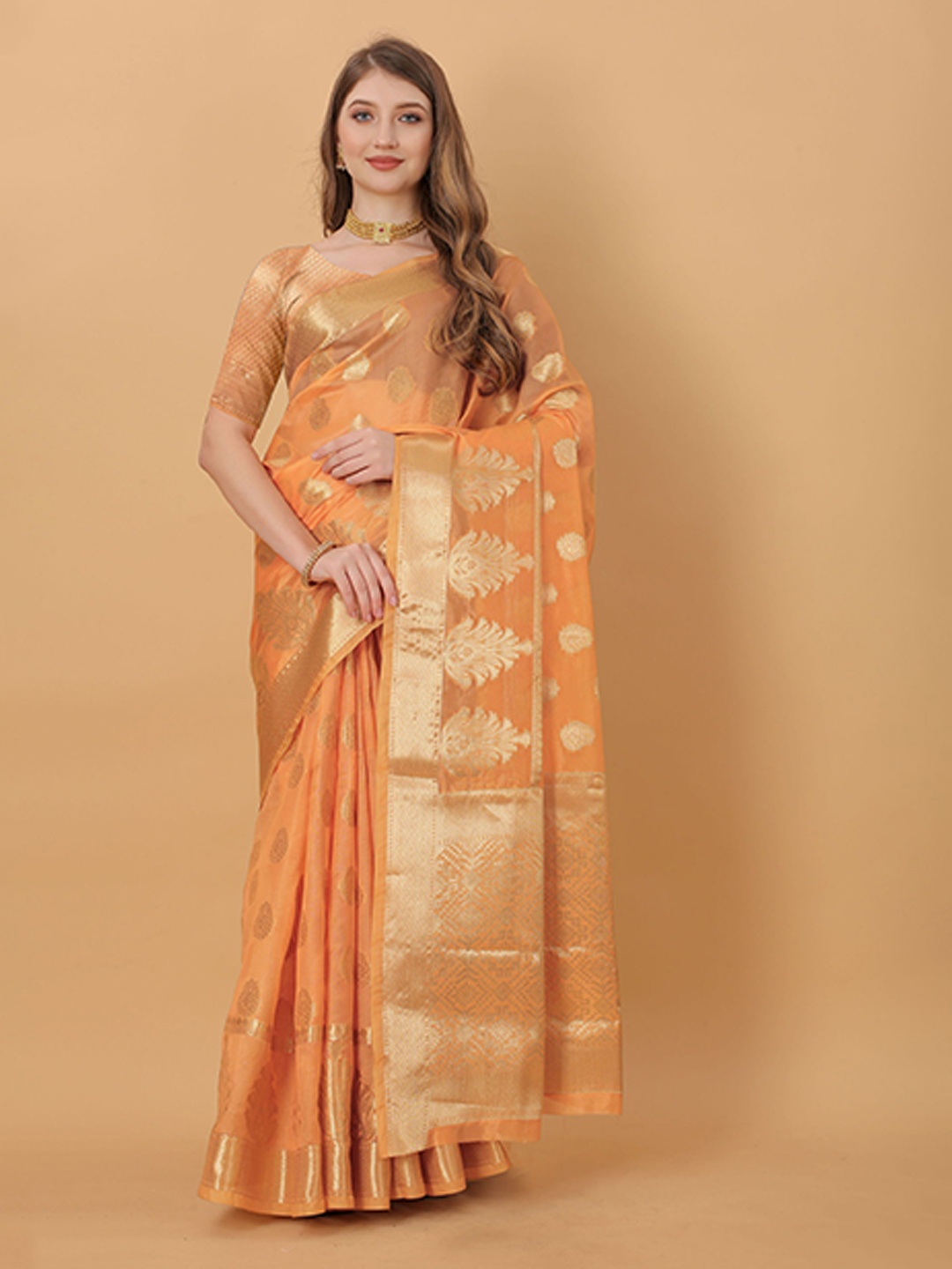 

Mitera Ethnic Motifs Zari Organza Jamdani Saree, Orange