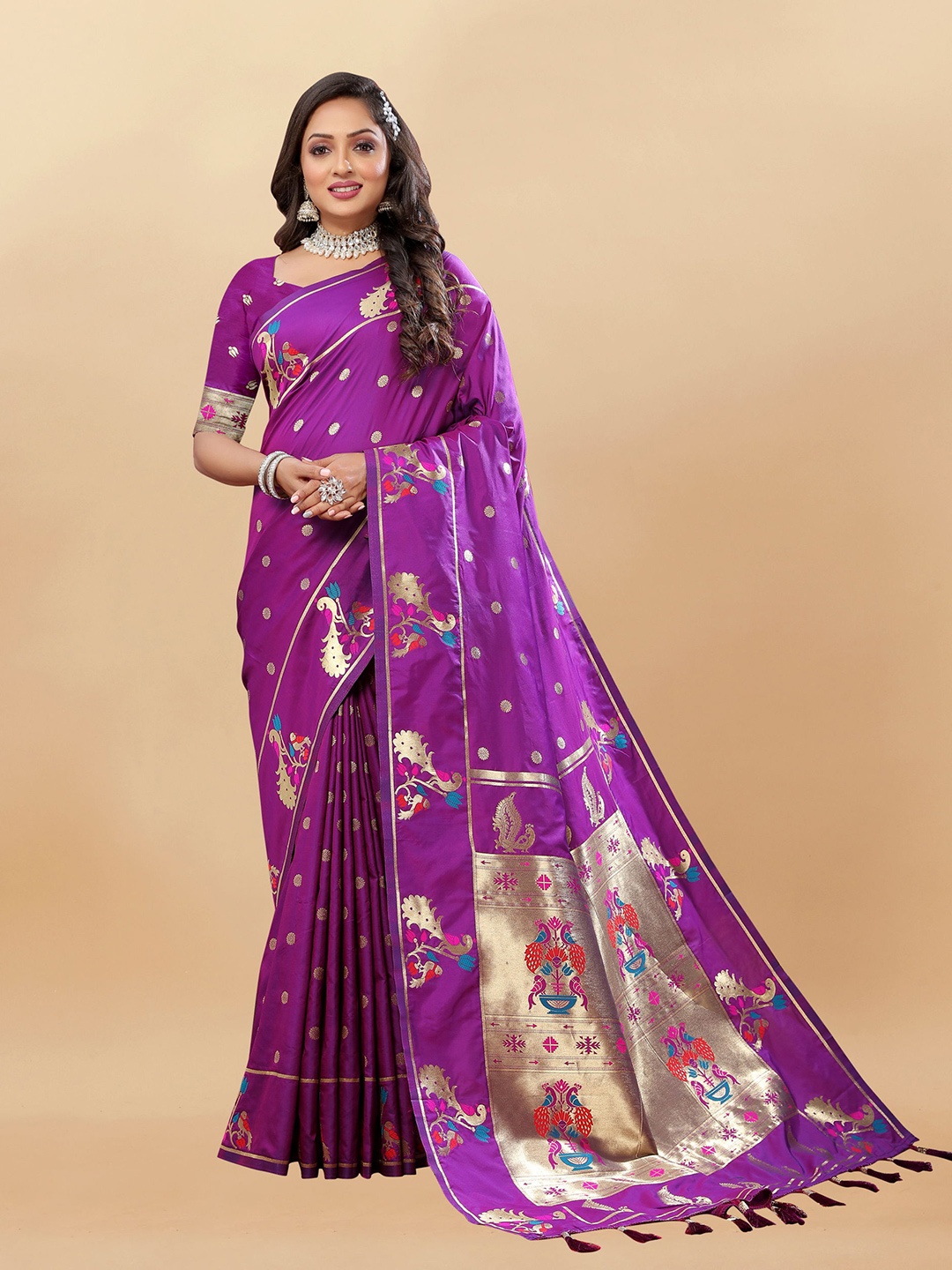 

Mitera Ethnic Motifs Zari Pure Silk Paithani Saree, Purple